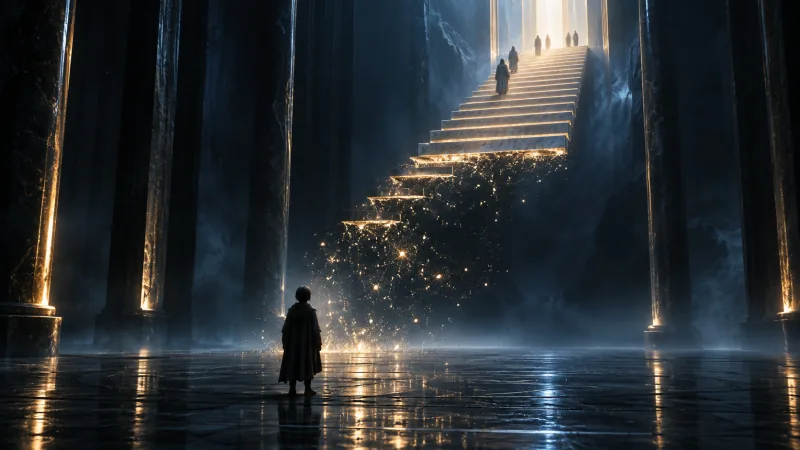 A glowing staircase rises through a dark hall with small figures on its upper steps, but the lowest steps have crumbled into sparks, leaving one person on the floor looking up at the gap.