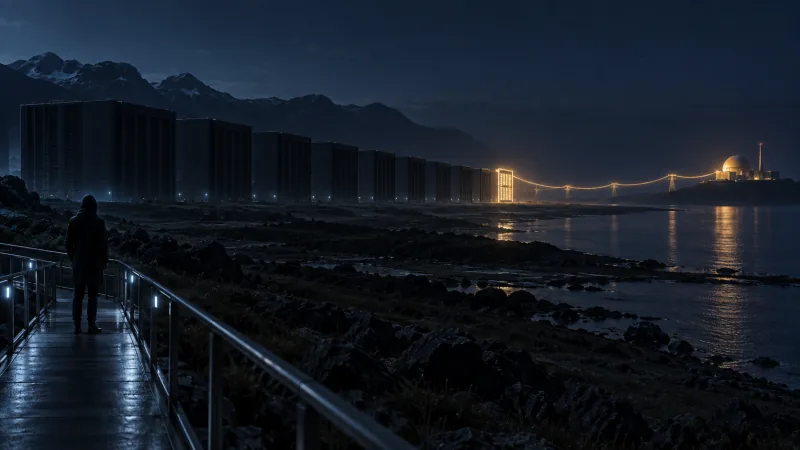 A row of dark data-centre buildings stretches along a coast at night; only the last one glows, linked by a single power line to a distant domed power station.