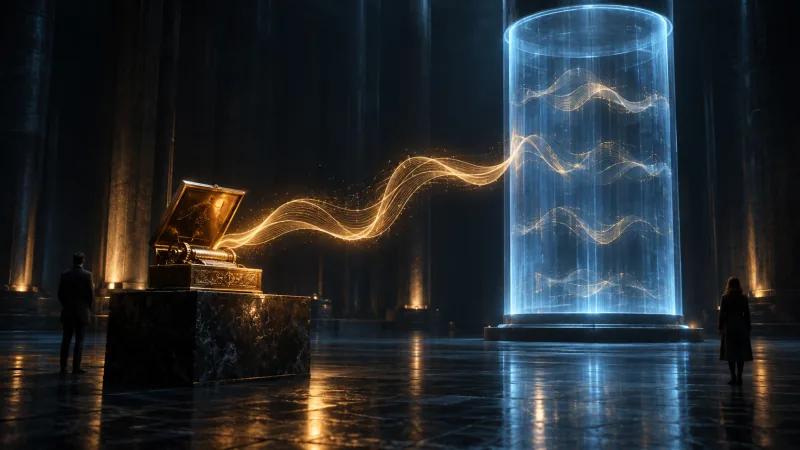 A golden ribbon of sound flows from an open music box into a tall glass cylinder of blue light that holds frozen copies of it, watched by two people on either side.