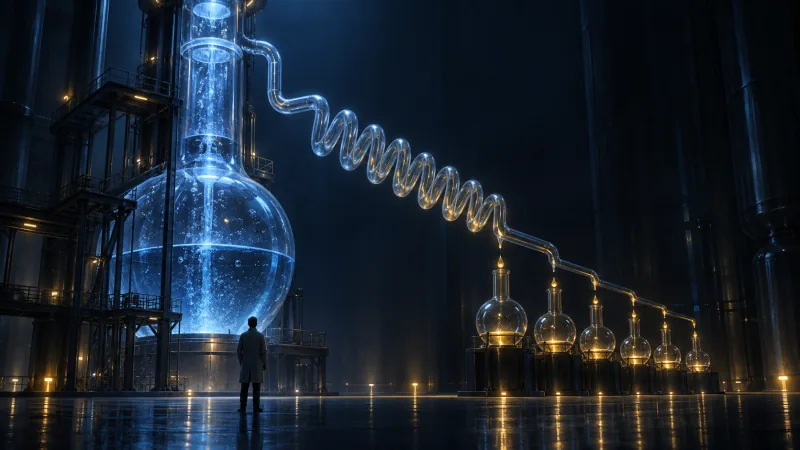 A towering glass distillation apparatus glows blue in a dark hall, its long coil dripping bright droplets into a row of small flasks as a person looks up from below.