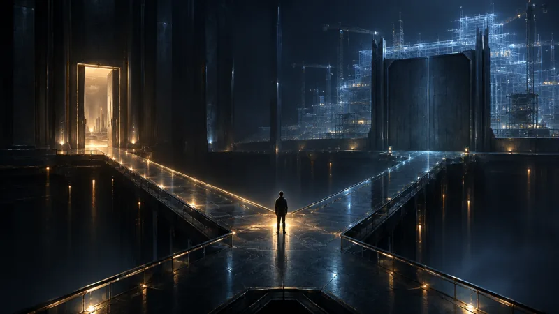 A person stands where a glass walkway splits in a dark hall: one path leads to an open, lit doorway, the other to a closed gate with scaffolding still going up behind it.