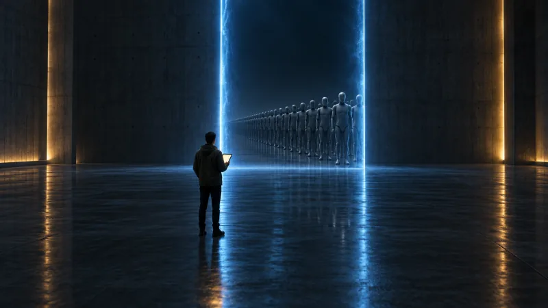 A person with a tablet stands in a concrete hall before a tall gate of blue light, beyond which a long row of identical humanoid robots waits motionless.