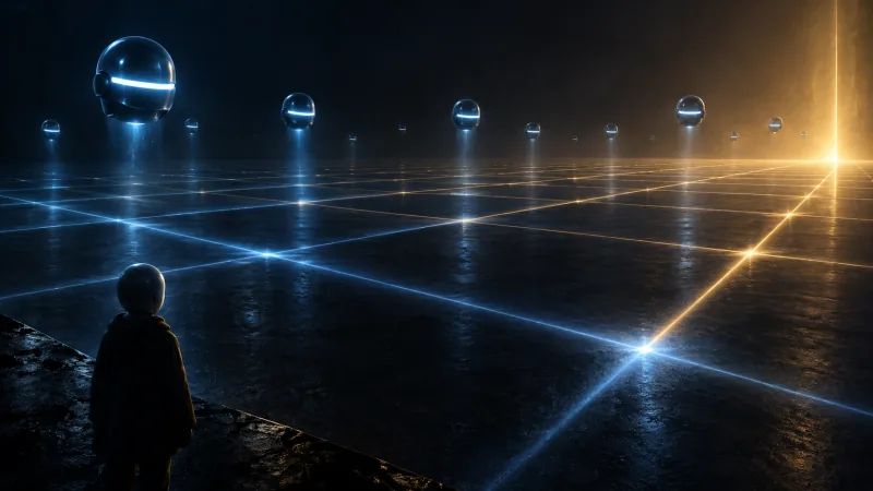 Beams of light form a grid across a dark floor, warming to gold in the far corner, as small glowing AI agents hover above and a small figure watches from the near corner.