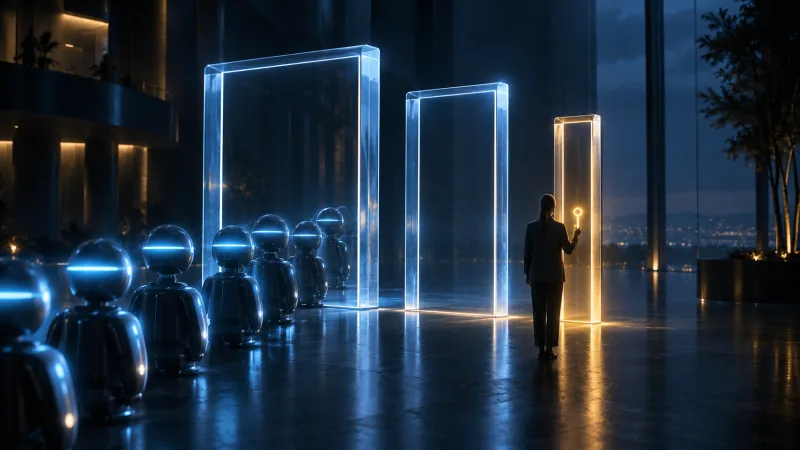 Three glowing glass gates stand in a dark atrium, each narrower than the last; small robots queue at the widest while a person holds a gold key beside the narrowest.