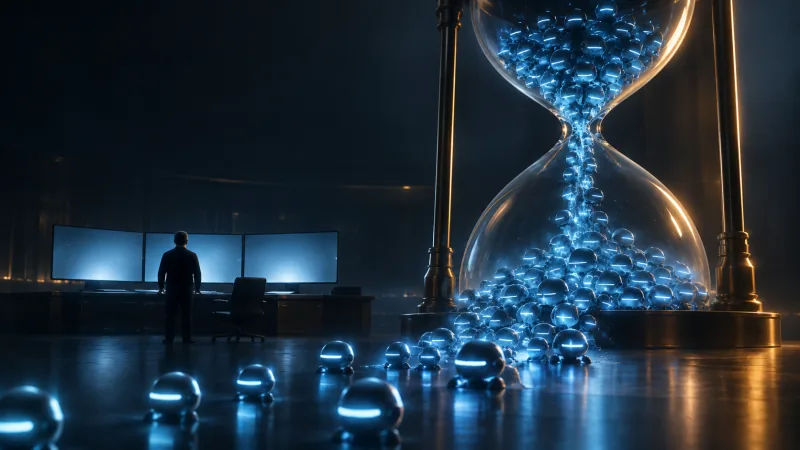 A person stands before glowing screens in a dark operations room while a giant hourglass beside them pours small glowing AI agents far too fast.