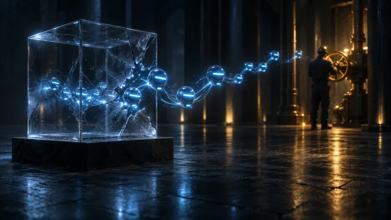 A cracked glass cube on a plinth leaks a ribbon of small glowing AI agents across a dark hall, while a worker in the distance turns a large brass valve wheel.
