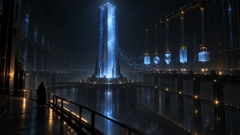 In a vast dark data hall, overhead cranes lower a row of small, differently shaped glowing blocks beside one tall tower of blue light, watched from a walkway.