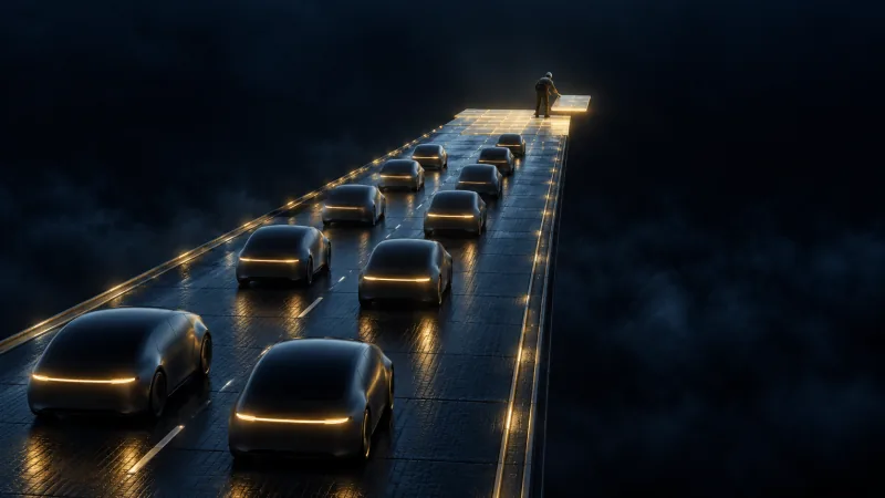 Seen from above at night, a convoy of identical rounded driverless cars drives onto a road that ends in darkness, where a worker lays the next glowing section.
